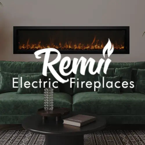 A Remii Electric Fireplaces logo is in front of a modern living room with a green couch and electric fireplace in the wall