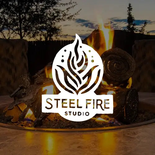 steel fre studio logo in front of a pile of steel gas logs in a fire pit