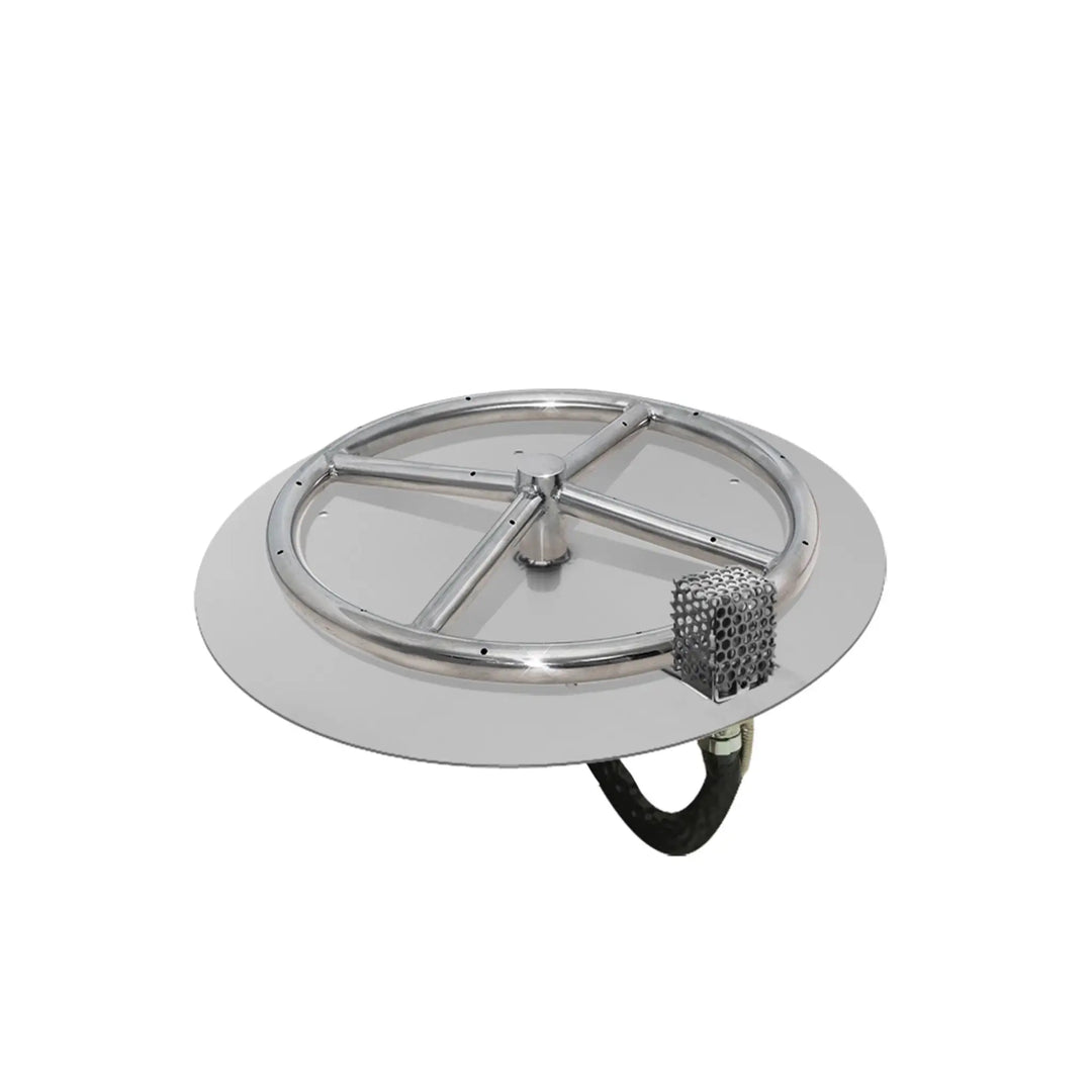 Top view of the fully assembled 18-inch pan and 12-inch ring round stainless steel burner with PowerGlow electronic ignition. This premium fire pit burner offers high performance and durability, ideal for outdoor gas fire pits.