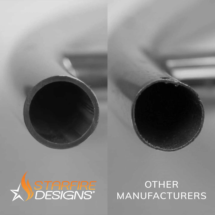 Close-up comparison of Starfire Designs' 18-inch pan with 12-inch ring round stainless steel burner versus a competitor. Shows the superior construction quality of the PowerGlow electronic ignition burner system, highlighting the thicker and more durable stainless steel used by Starfire Designs.