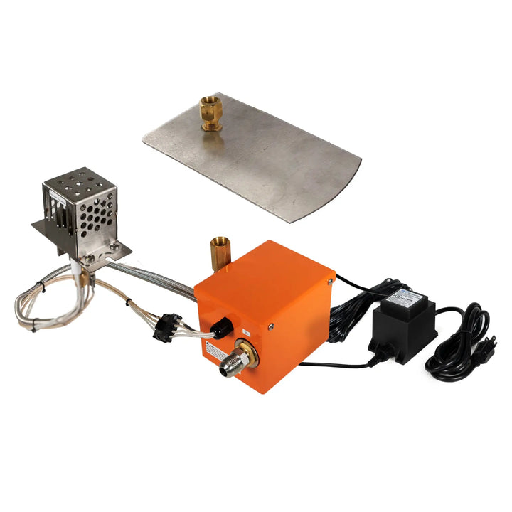 Complete PowerGlow electronic ignition kit for the 18-inch pan and 12-inch ring round stainless steel burner by Starfire Designs. Includes all components, including the heat shield, igniter box, and flame sensor for a safe and reliable fire pit experience.