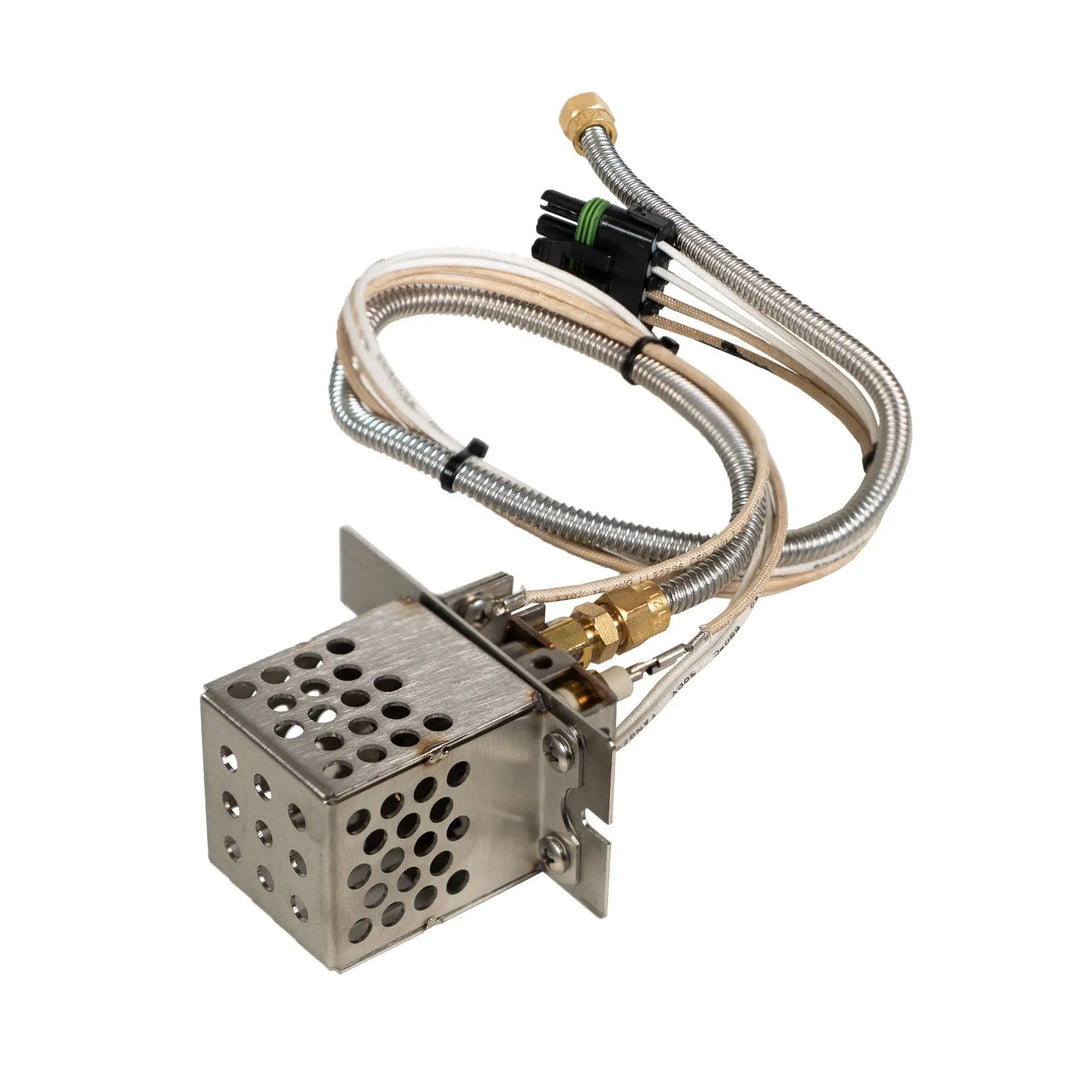 The PowerGlow flame sensor and igniter unit, part of Starfire Designs' 18-inch pan and 12-inch ring round stainless steel burner kit. This critical component ensures safe and reliable ignition for your gas fire pit system, designed to detect the flame and maintain consistent operation.