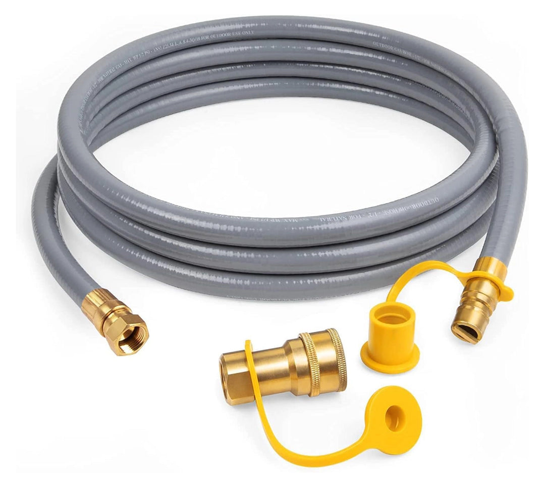 Golden Flame 2ft quick disconnect hose for natural gas fire tables, featuring durable brass fittings and a flexible design for seamless connection. This premium natural gas hose ensures secure and efficient fuel flow, ideal for enhancing fire table performance. Designed for long-lasting outdoor use.