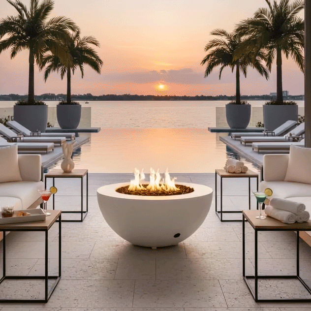 At a waterfront pool deck during sunset, a low white fire bowl acts as a round fire pit between modern lounge chairs and small metal side tables holding drinks, towels, and candles, its flames flickering over lava rocks while palm trees in large planters frame an infinity pool that appears to merge with the calm water beyond, illustrating an outdoor fire pit setting arranged for relaxed resort-style outdoor entertaining.