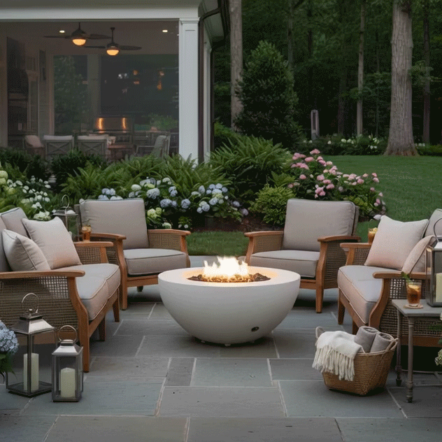 In a lush garden courtyard, wicker and wood lounge chairs with soft gray cushions encircle a white round fire pit on a slate patio, its compact flame glowing above lava rocks as lanterns, potted flowers, and tall trees surround the seating area, showing a patio fire pit layout that reads as a cozy backyard fire pit and natural family gathering fire pit spot just steps from the open doors of the house.