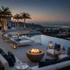 On a hilltop terrace beside a glass-edged infinity pool, a round brown fire bowl glows with lively flames above dark stones, surrounded by low white sofas, loungers, and lanterns as palm trees and the lights of the city stretch out below at dusk, turning this modern seating area into an outdoor fire pit lounge where the luxury fire pit anchors conversations, drinks, and relaxed outdoor entertaining high above the skyline.