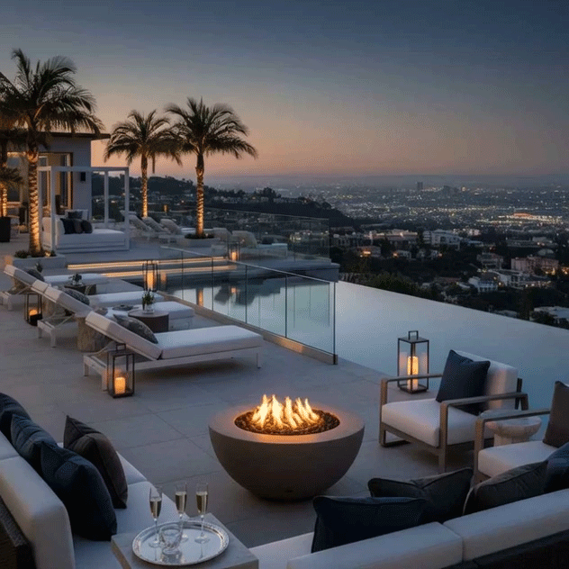 On a hilltop terrace beside a glass-edged infinity pool, a round brown fire bowl glows with lively flames above dark stones, surrounded by low white sofas, loungers, and lanterns as palm trees and the lights of the city stretch out below at dusk, turning this modern seating area into an outdoor fire pit lounge where the luxury fire pit anchors conversations, drinks, and relaxed outdoor entertaining high above the skyline.