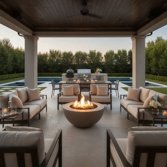 Beneath a wood-paneled ceiling on a covered patio, cushioned metal-framed sofas and chairs face a brown concrete round fire pit centered on the tiled floor, its compact ring of flame flickering over lava rocks while a pool, neatly clipped hedges, and a full outdoor kitchen with grill and bar seating fill the background, presenting a patio fire pit arrangement that naturally works as a family gathering fire pit for meals and quiet evenings.
