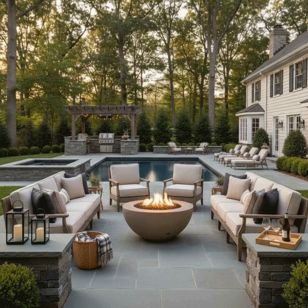 In a landscaped backyard with tall trees, stone planters, and a rectangular pool, two long sofas and matching armchairs form a U-shaped seating area around a brown concrete fire bowl, its round opening filled with glowing rocks and dancing flames, while lanterns, throw blankets, and a pergola-covered grill station complete the view, creating a cozy backyard fire pit scene that feels like a private backyard oasis for lingering chats and cool-night relaxation.