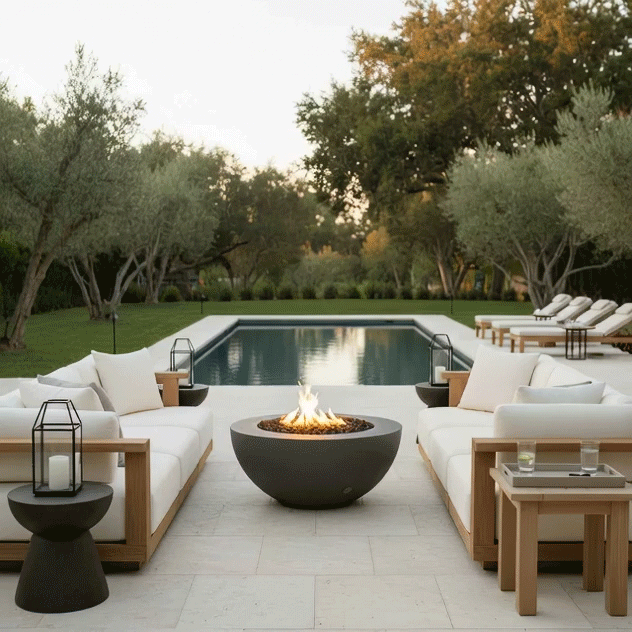 A dark graphite fire bowl with a smooth half-sphere shape glows at the center of two facing teak sofas with white cushions, the round fire pit filled with rough lava rocks and a lively ring of flames, while a long pool, manicured lawn, and rows of mature trees stretch into the distance, turning this symmetrical poolside lounge into a refined backyard fire pit setting that feels like a private backyard oasis at dusk.