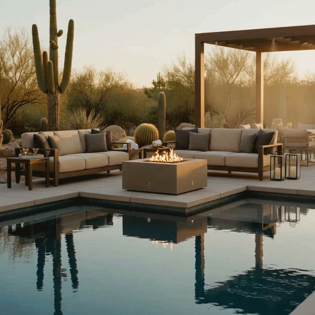 36" Square Rustic Gravity Concrete (GFRC) Fire Pit - Propane Gas Hardline - Match Lit Ignition - Brown by Starfire Designs