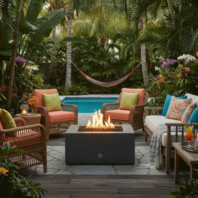 In a dense tropical garden, a graphite concrete fire pit with a square opening blazes in the middle of a small stone patio, yellow flames dancing above the rocks as woven armchairs with coral cushions and green pillows, a cushioned bench, potted flowers, and a bright drink on a side table surround it, with a narrow turquoise pool and colorful hammock beyond, turning the space into a leafy backyard oasis centered on a cozy backyard fire pit.
