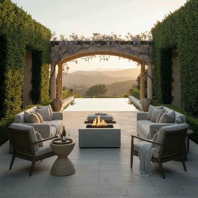 A square concrete fire pit burns with a steady golden flame between two matching outdoor sofa groupings on a light stone patio, set in front of a long reflecting pool, clipped hedges, and an arched pergola draped with flowering vines, with distant hills glowing at sunset, presenting a concrete fire pit that reads as a refined square fire pit and luxury fire pit at the heart of a carefully landscaped backyard oasis.