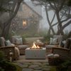 misty garden courtyard shows a compact concrete fire pit glowing at the center of four cushioned wicker armchairs, surrounded by mossy stone pavers, lanterns, baskets, and folded blankets, while a small stone cottage with lit windows appears in the background, depicting an outdoor fire pit that functions as a cozy backyard fire pit and inviting family gathering fire pit in a secluded, tree-framed setting.