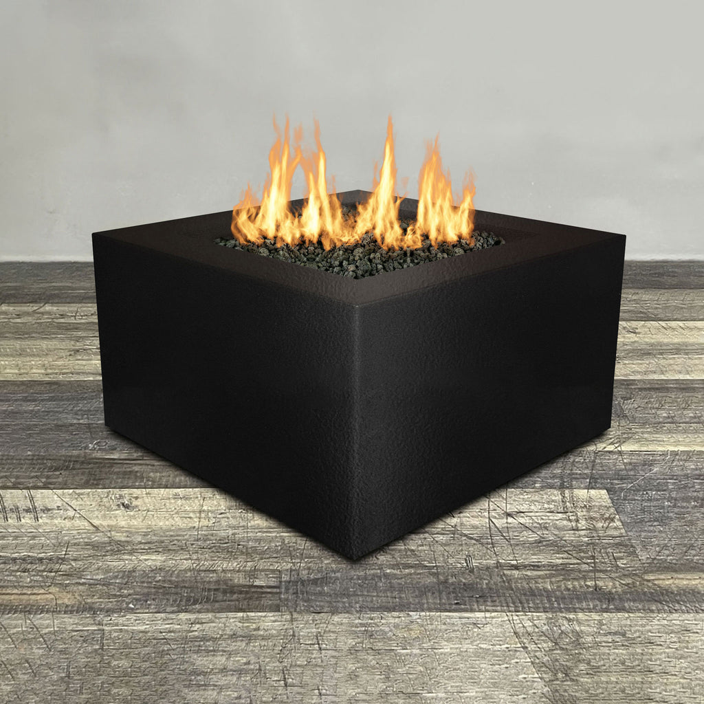 Front view of 36" Square Gravity Powder Coated Steel Fire Pit - Propane Gas Hardline - Push Button Spark Ignition - Black Hammertone by Starfire Designs - Brown with flames on, featuring sleek modern concrete design and durable construction, perfect for outdoor patio spaces. Natural gas or propane compatible, enhancing warmth and ambiance. Lava rocks included for added aesthetic.