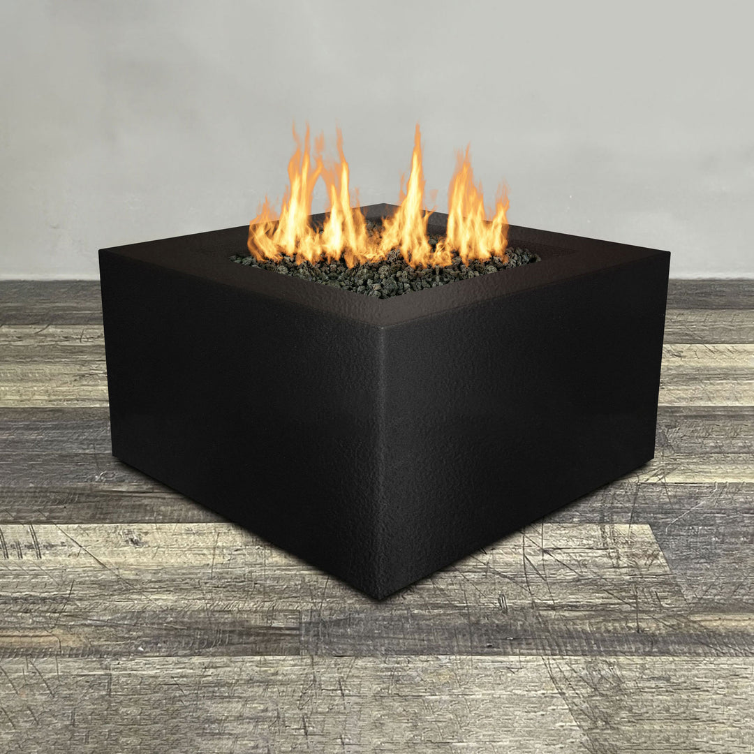 Front view of 36" Square Gravity Powder Coated Steel Fire Pit - Propane Gas Hardline - Push Button Spark Ignition - Black Hammertone by Starfire Designs - Brown with flames on, featuring sleek modern concrete design and durable construction, perfect for outdoor patio spaces. Natural gas or propane compatible, enhancing warmth and ambiance. Lava rocks included for added aesthetic.