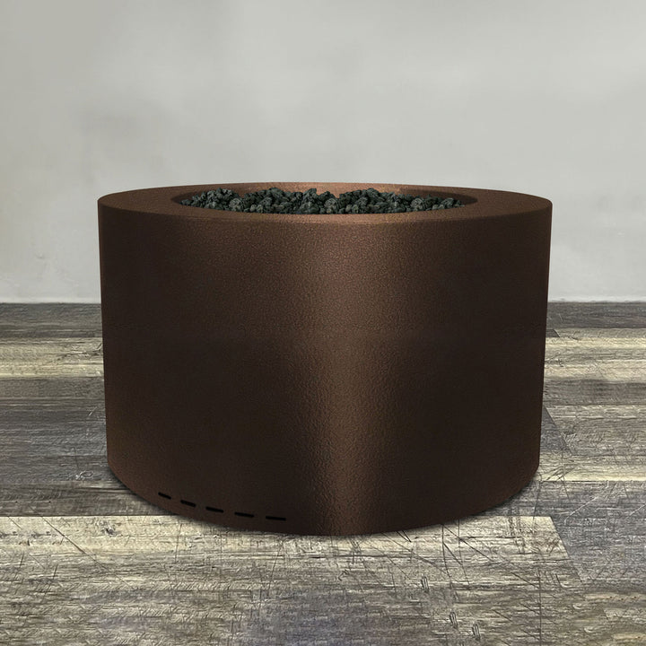 A side view of the 36" Round Gravity Powder Coated Steel Fire Pit - Natural Gas - Match Lit - Bronze Hammertone by Starfire Designs - perfect for outdoor patio spaces. Natural gas or propane compatible, enhancing warmth and ambiance. Lava rocks included for added aesthetic.