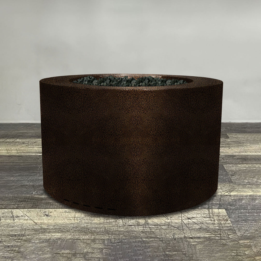 A side view of the 36" Round Gravity Powder Coated Steel Fire Pit - Natural Gas - Match Lit - Copper Vein by Starfire Designs - perfect for outdoor patio spaces. Natural gas or propane compatible, enhancing warmth and ambiance. Lava rocks included for added aesthetic.