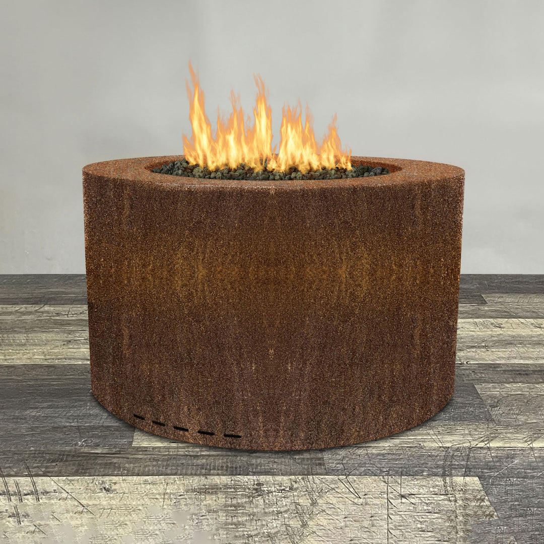 Front view of 36" Round Gravity Corten Steel Fire Pit by Starfire Designs - Brown with flames on, featuring sleek modern  design and durable construction, perfect for outdoor patio spaces. Natural gas or propane compatible, enhancing warmth and ambiance. Lava rocks included for added aesthetic.