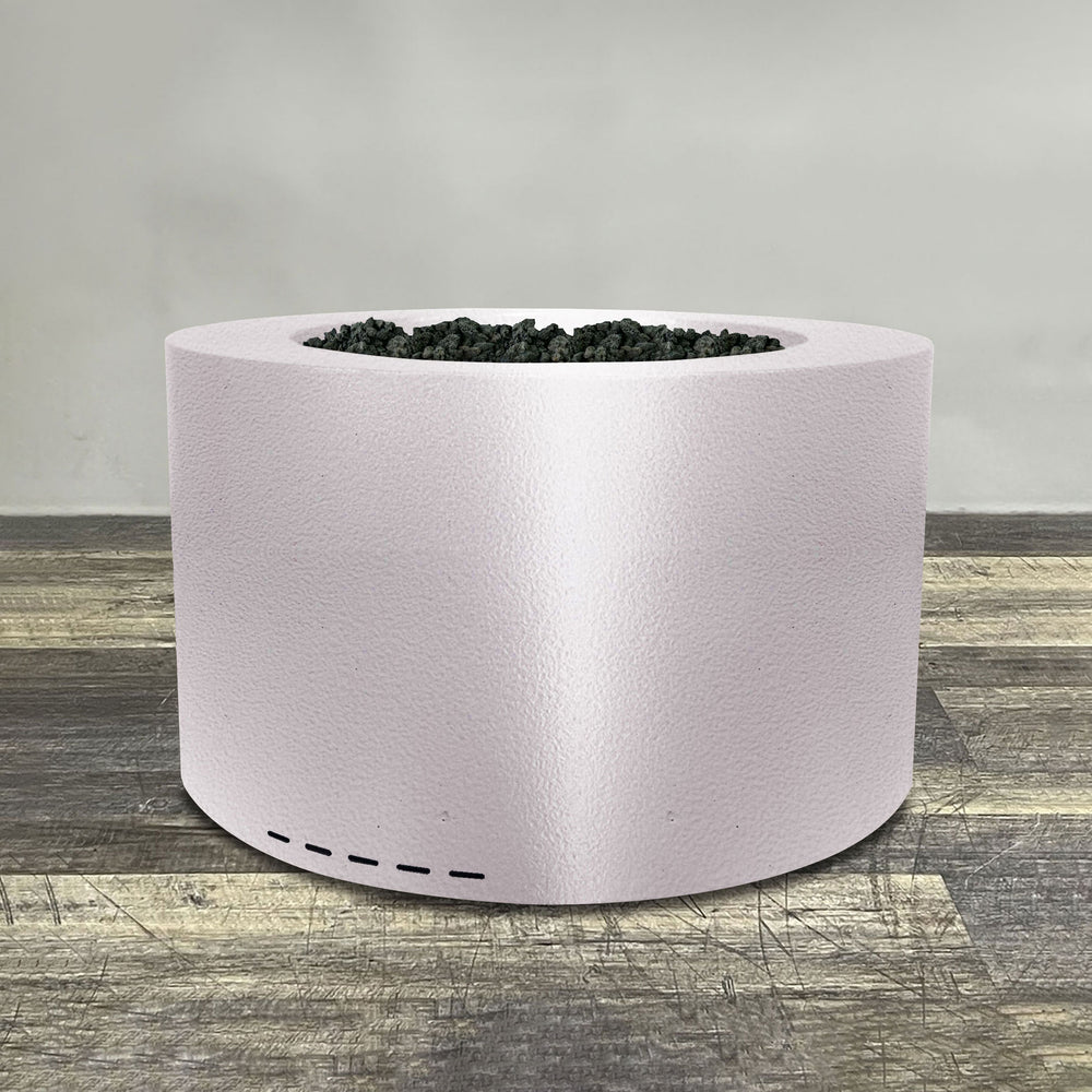 A side view of the 36" Round Gravity Powder Coated Steel Fire Pit - Natural Gas - 110V CSA On/Off Electronic Ignition System - White Hammertone by Starfire Designs - perfect for outdoor patio spaces. Natural gas or propane compatible, enhancing warmth and ambiance. Lava rocks included for added aesthetic.