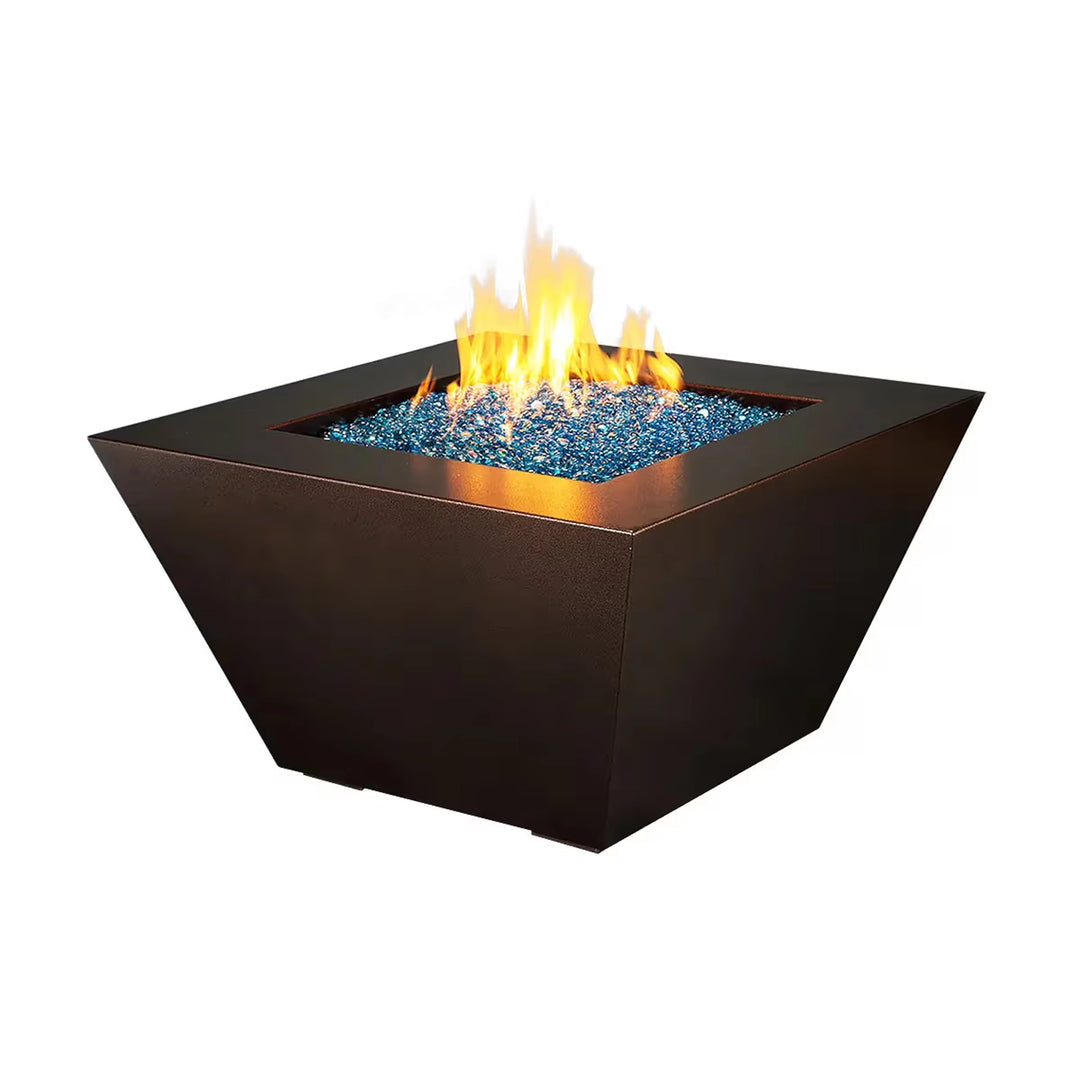 Square-shaped modern fire pit with blue fire glass and lively flames, set against a white background.