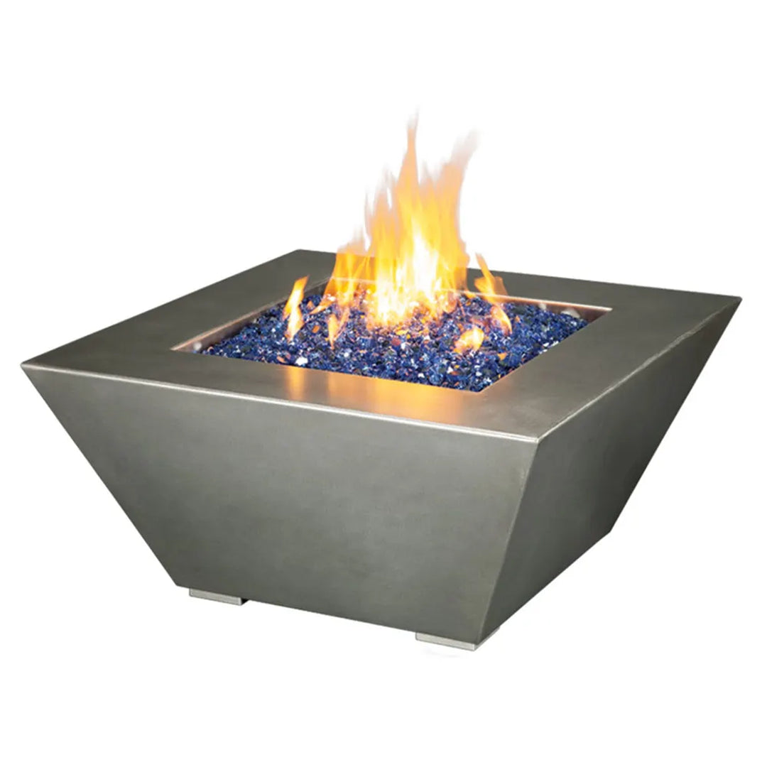 Modern square fire pit with a minimalist design, featuring a 40-inch stainless steel body and filled with blue fire glass, showcasing a bright and steady flame