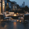 A graphite fire bowl serves as the focal point of a stylish rooftop lounge at night, surrounded by an L-shaped sofa and city lights in the background. The rooftop fire pit provides warmth and illumination for the seating area, creating an inviting space for outdoor entertaining. The warm glow of the gas fire pit contrasts beautifully with the blue twilight sky and urban skyline.
