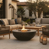 A sophisticated courtyard features a graphite round fire pit centered on a stone patio, surrounded by comfortable sofas and armchairs. The luxury fire pit creates a warm and inviting atmosphere for a family gathering fire pit setting, positioned near a manicured lawn and elegant residence. The steady flames of the patio fire pit enhance the upscale outdoor living space.