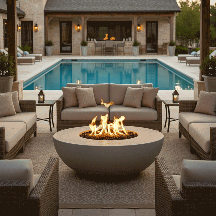 A spacious U-shaped seating area surrounds a grey round fire pit under a poolside pergola. The fire bowl serves as the centerpiece of this outdoor entertaining space, with flames providing warmth and ambiance. The setting features a large swimming pool and stone architecture, creating a luxurious backyard oasis. This setup is ideal for a family gathering fire pit experience, utilizing a clean-burning propane fire pit.