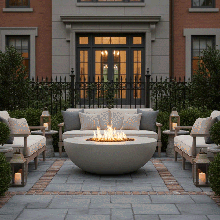A formal courtyard setting features a grey luxury fire pit positioned centrally on a bluestone patio with brick accents. Elegant sofas and lanterns surround the round fire pit, framed by a classic brick residence. The warm amber flames of the gas fire pit illuminate the seating area, serving as a sophisticated patio fire pit anchor for evening relaxation.