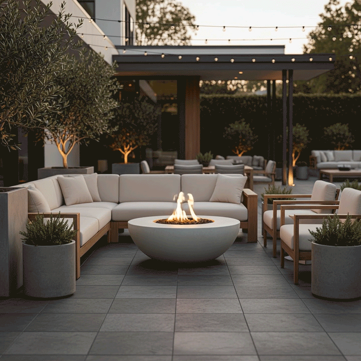 A white fire bowl anchors a spacious tiled patio courtyard illuminated by string lights. Surrounded by an L-shaped sofa and teak armchairs, the unit serves as a central hub for outdoor entertaining. The warm glow of the propane fire pit complements the manicured olive trees and evening ambiance, creating a sophisticated backyard oasis with a patio fire pit centerpiece.