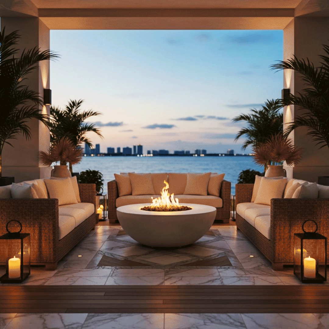 A covered waterfront terrace features a white luxury fire pit positioned between two large sofas. The setting overlooks a bay and city skyline at twilight, with lanterns adding to the warm atmosphere. The steady flames of the fire feature reflect on the polished marble floor, creating an elegant family gathering fire pit space. This outdoor fire pit anchors the symmetrical seating arrangement perfectly.