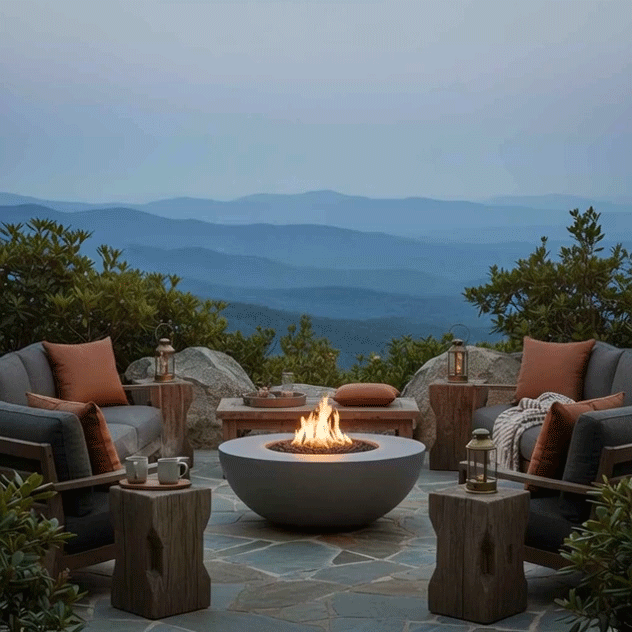 A circular concrete bowl fire feature glows with a steady flame on a flagstone patio perched above layers of misty blue mountains and dense shrubs, surrounded by deep cushioned chairs, rustic wooden stump side tables, lanterns, mugs, and folded blankets, creating an outdoor fire pit scene that feels like a cozy backyard fire pit at a remote retreat and an inviting family gathering fire pit for lingering outside in the cool evening air.