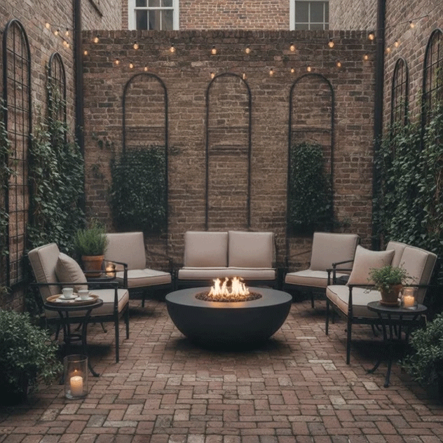 In a narrow brick courtyard bordered by tall brick walls with climbing vines and arched trellises, cushioned metal lounge chairs form a semicircle around a dark round fire bowl set directly on the herringbone pavers, its compact flame dancing above stones while string lights and candles add soft illumination, creating a patio fire pit vignette that feels like a cozy backyard fire pit designed for intimate outdoor entertaining.
