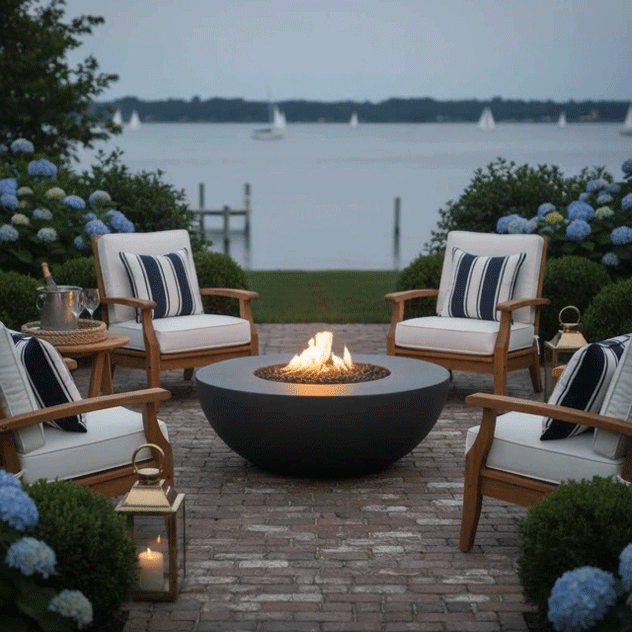 On a brick terrace leading toward a calm waterfront dotted with sailboats, four teak armchairs with white cushions and navy striped pillows encircle a low graphite round fire pit shaped like a shallow bowl, its steady flame glowing over dark rocks as hydrangeas and manicured shrubs frame the edges, turning this inviting seating cluster into a relaxed backyard fire pit nook that reads as a small backyard oasis by the shore.