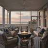 Inside a screened porch overlooking the water at sunset, wicker sofas and armchairs with soft cushions face a central graphite fire bowl resting on the floor, the modest flame flickering above lava rocks while side tables hold iced tea and throws drape over chair arms, illustrating how this sheltered patio fire pit functions as a cozy backyard fire pit and relaxed outdoor entertaining spot protected from the evening breeze.