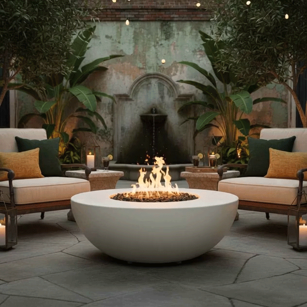 A smooth white fire bowl burns with a lively circle of flames at the center of a stone courtyard, surrounded by cushioned wicker chairs, tall potted plants, and hanging string lights, while a weathered stucco wall with an arched fountain and broad tropical leaves fills the backdrop, turning the outdoor fire pit area into an intimate backyard oasis well suited to low-key outdoor entertaining with candles and drinks scattered around.