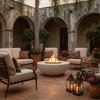 In a sheltered courtyard with arched stone colonnades, palm trees, and terracotta tiles, cushioned wrought-iron chairs encircle a low white concrete fire bowl at the center, its compact flames glowing over a bed of stones, while potted flowers, patterned pillows, side tables, and metal lanterns with candles cluster around the outdoor fire pit, turning the scene into an intimate patio fire pit setting at dusk.