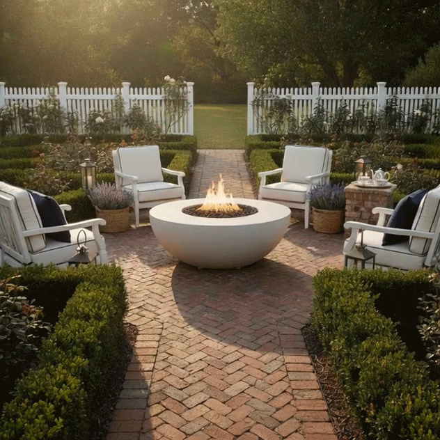 A white fire bowl sits at the center of a brick herringbone path in a manicured garden, its round fire pit opening filled with dark stones and a steady golden flame, while white Adirondack-style chairs, clipped boxwood hedges, lavender planters, and a white picket fence frame the view, so the backyard fire pit appears as the warm heart of a small backyard oasis designed for quiet conversation at sunset.