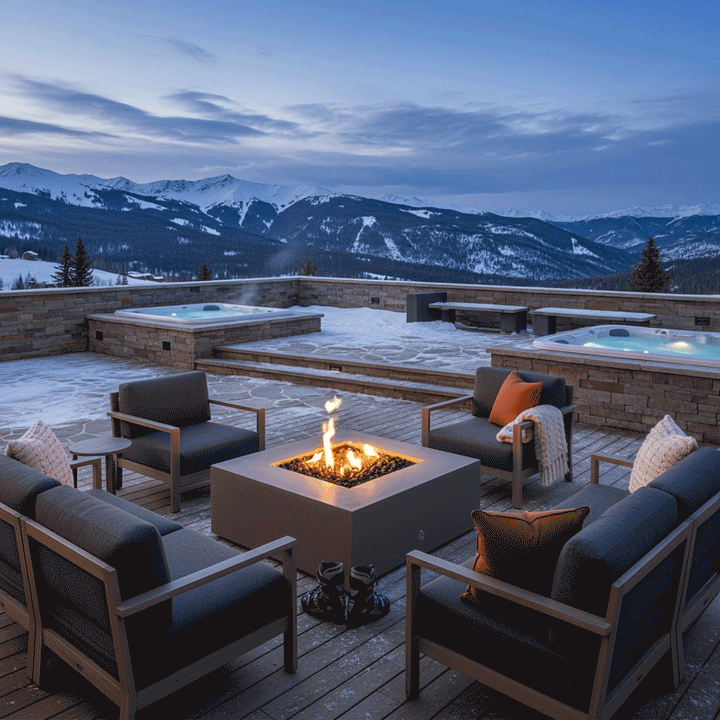 A snowy ski lodge terrace features a brown modern fire pit surrounded by cushioned armchairs and hot tubs. Overlooking snow-capped mountains at twilight, the propane fire pit emits a bright, steady flame. This setup demonstrates the warmth and durability of a smokeless fire pit in cold weather, creating a cozy backyard fire pit atmosphere for après-ski relaxation.