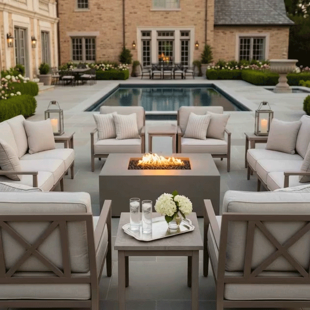 On a paved terrace beside a long rectangular pool in front of a brick manor, cushioned armchairs and sofas form a neat square around a pale brown square fire pit, its flame flickering over dark stones as lanterns, flower beds, and clipped hedges frame the scene, presenting a calm patio fire pit setup that works as a welcoming backyard fire pit focal point for relaxed evening drinks and soft outdoor entertaining near the water.