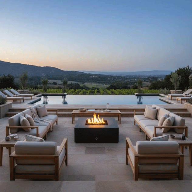 On a wide stone terrace overlooking vineyard hills and an infinity pool, pale wood sofas with soft gray cushions are arranged symmetrically around a dark square fire pit, its central bed of stones glowing with shifting flames, while lounge chairs line the pool edge and the valley stretches out below, turning this outdoor fire pit lounge into a modern fire pit focal point that helps define the space as a relaxed backyard oasis at dusk.