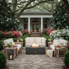 On a brick patio in front of a white-columned cottage, wicker sofas and chairs with cream cushions surround a low dark square fire pit, its compact flame glowing above a bed of stones while lanterns, iced drinks, and blooming shrubs in pink and white fill the garden, depicting a cozy backyard fire pit arrangement where the square fire pit anchors casual outdoor entertaining and relaxed backyard fire pit conversations under the spreading trees.