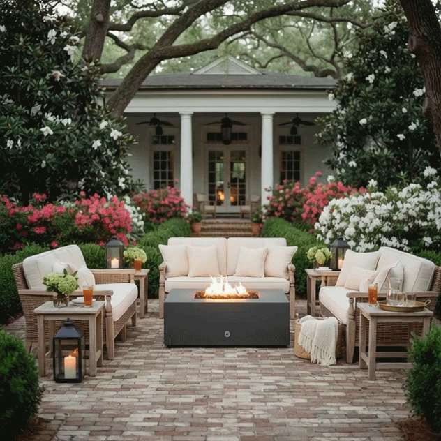 On a brick patio in front of a white-columned cottage, wicker sofas and chairs with cream cushions surround a low dark square fire pit, its compact flame glowing above a bed of stones while lanterns, iced drinks, and blooming shrubs in pink and white fill the garden, depicting a cozy backyard fire pit arrangement where the square fire pit anchors casual outdoor entertaining and relaxed backyard fire pit conversations under the spreading trees.