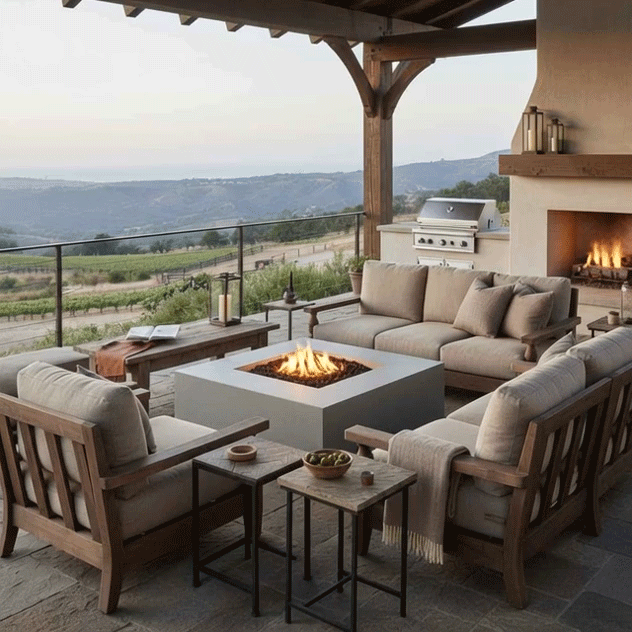 Beneath a timber pergola on a stone terrace overlooking rolling hills, a substantial gray concrete fire pit with a square opening glows between deep cushioned armchairs and sofas, its flame bed of dark stones providing a compact patio fire pit focal point while lanterns, side tables with snacks, and a nearby built-in grill and fireplace set the scene for easy outdoor entertaining around the warm square fire pit.