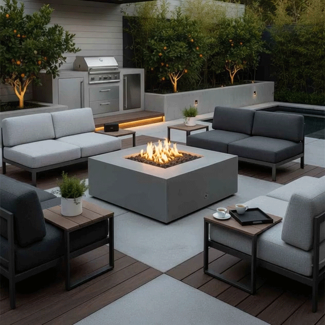In a contemporary backyard courtyard, modular gray sofas and small wood-topped tables surround a sleek concrete fire pit with straight sides and a centered bed of glowing stones, the flames rising from this low square fire pit as orange trees, planters, and a stainless grill station line the raised wall behind, illustrating a modern fire pit layout designed for relaxed conversation, drinks, and flexible outdoor entertaining by the pool.