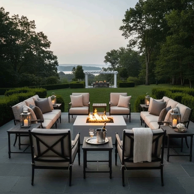 On a broad slate terrace bordered by clipped boxwood hedges and a sweeping lawn that leads down toward distant water, matching lounge chairs and sofas with pale cushions frame a low white square fire pit, its narrow line of flames flickering above stones while lanterns and side tables with drinks surround the seating, presenting a modern fire pit arrangement that reads as a quiet luxury fire pit centerpiece within a manicured backyard oasis.