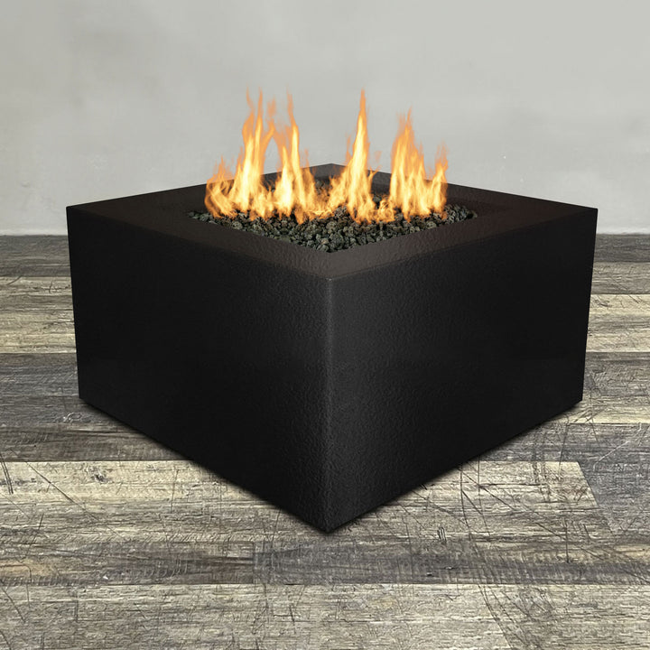 Front view of 45" Square Gravity Powder Coated Steel Fire Pit - Natural Gas - 110V Electronic Ignition System - Black Hammertone by Starfire Designs - Brown with flames on, featuring sleek modern concrete design and durable construction, perfect for outdoor patio spaces. Natural gas or propane compatible, enhancing warmth and ambiance. Lava rocks included for added aesthetic.