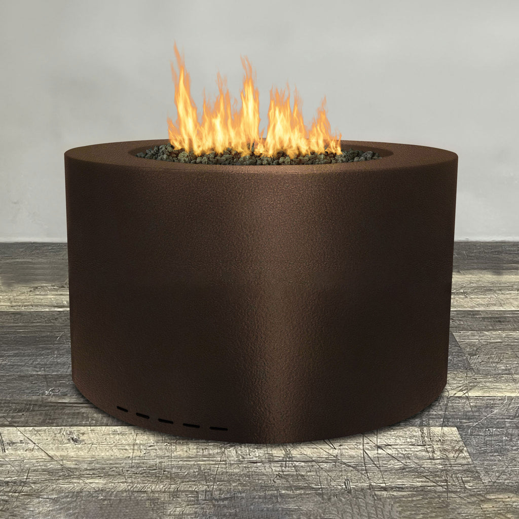 Front view of 45" Round Gravity Powder Coated Steel Fire Pit - Propane Gas Hardline - 110V CSA On/Off Electronic Ignition System - Bronze Hammertone by Starfire Designs - Brown with flames on, featuring sleek modern concrete design and durable construction, perfect for outdoor patio spaces. Natural gas or propane compatible, enhancing warmth and ambiance. Lava rocks included for added aesthetic.