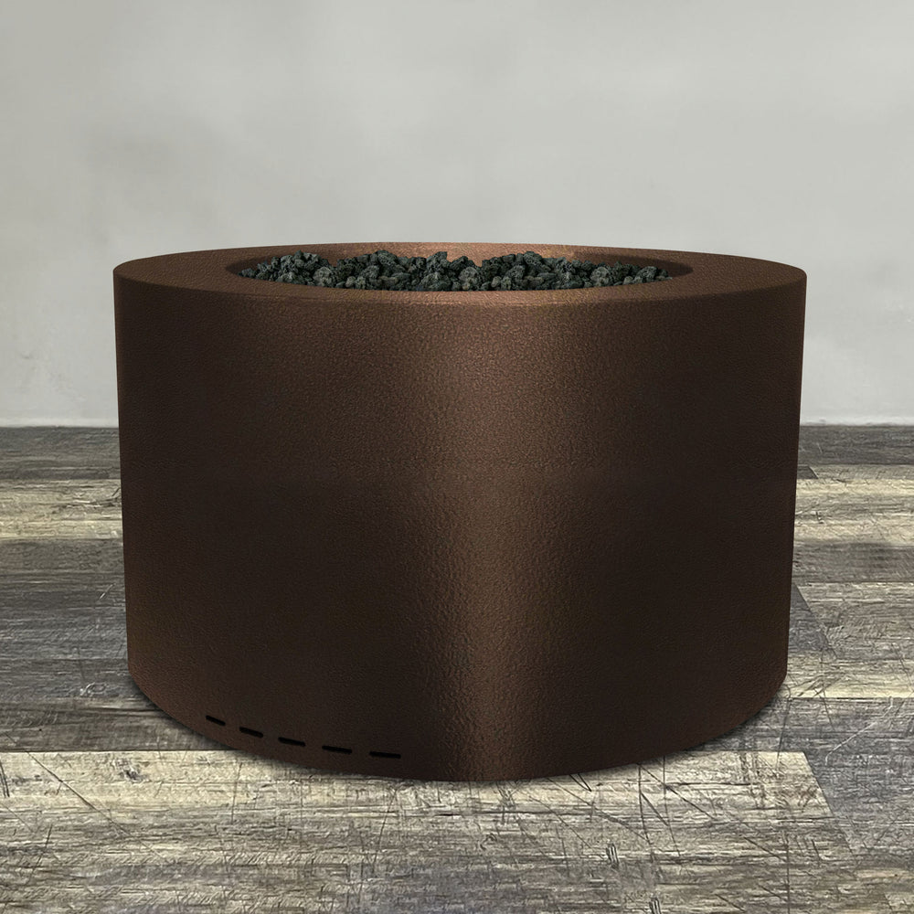A side view of the 45" Round Gravity Powder Coated Steel Fire Pit - Propane Gas Hardline - 110V CSA On/Off Electronic Ignition System - Bronze Hammertone by Starfire Designs - perfect for outdoor patio spaces. Natural gas or propane compatible, enhancing warmth and ambiance. Lava rocks included for added aesthetic.